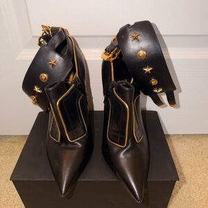 Versace Medusa Studded Ankle Heels Black Leather Gold Hardware | Size 38.5